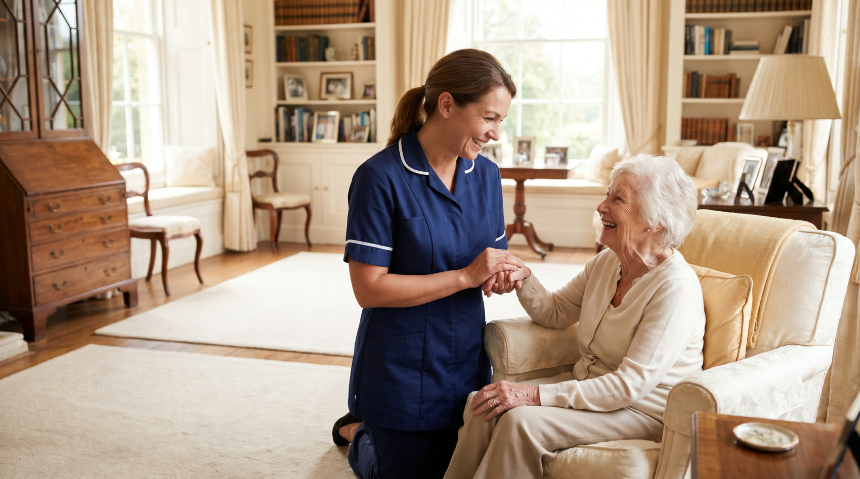 A Hearthline caregiver with a senior client