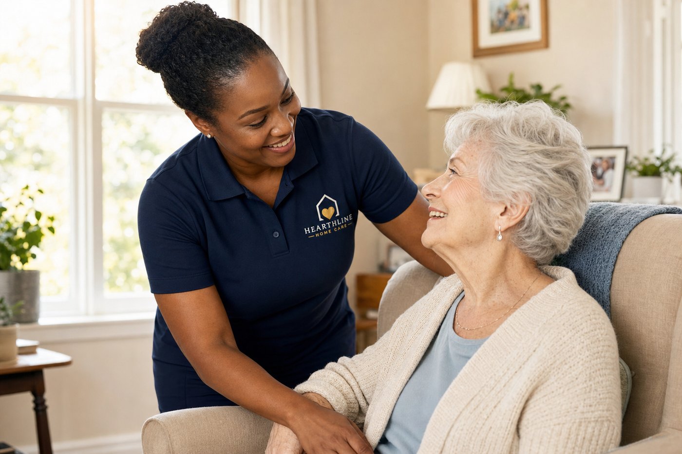 A Hearthline caregiver sharing a warm moment with a senior client in her living room