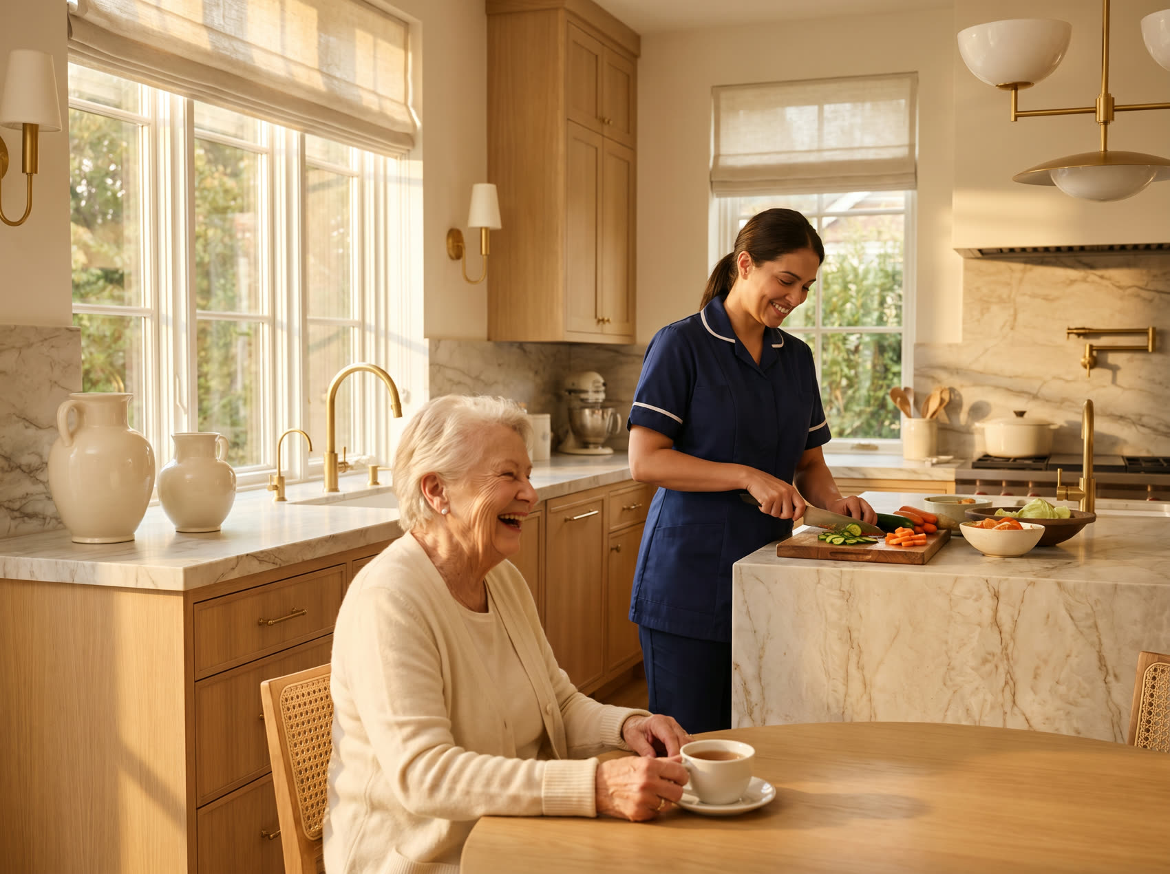 Caregiver preparing a meal with a senior